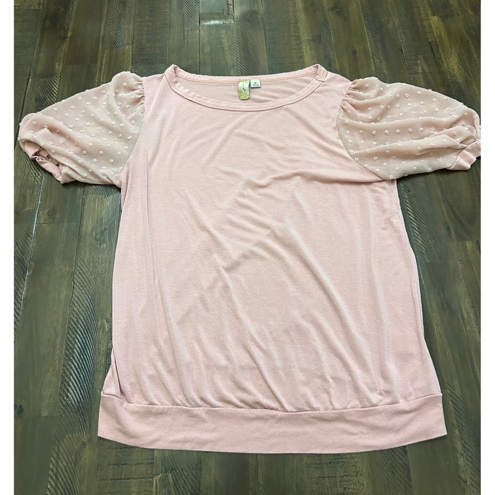 Misia Swiss Dot Puff Sleeve Top Size M Pink Excellent Banded Hem Scoop Neck